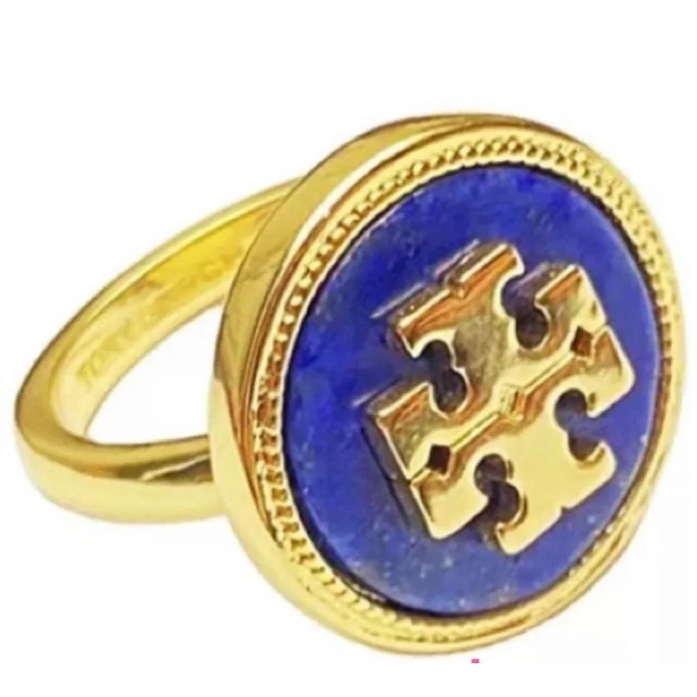 🆕 Tory Burch Authentic Gold And Blue Lapis Lazuli Round With Logo Ring Size 7